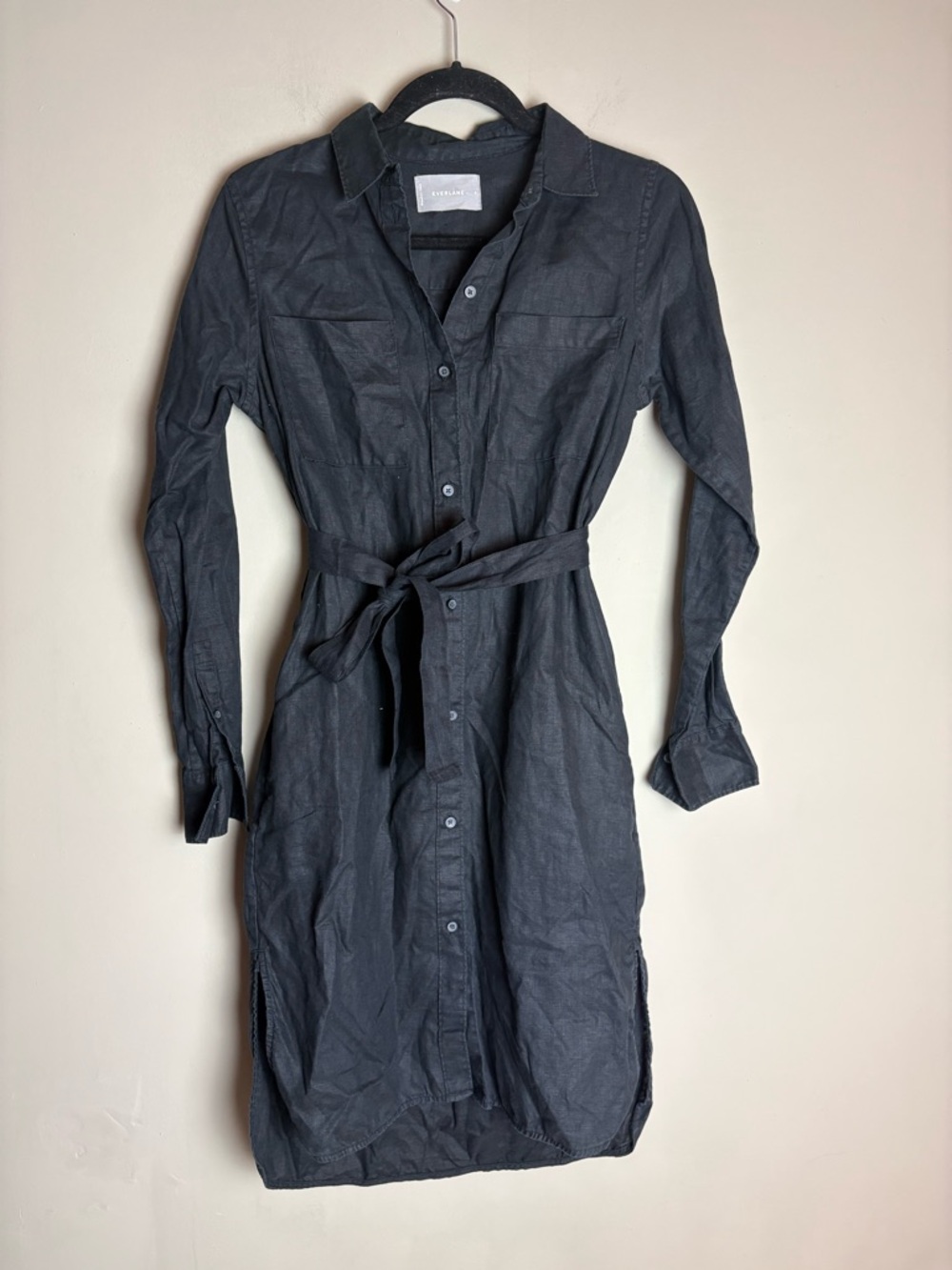 Everlane Linen Black Long Sleeve Shirt Button Down Dress with Waist Tie Size 0